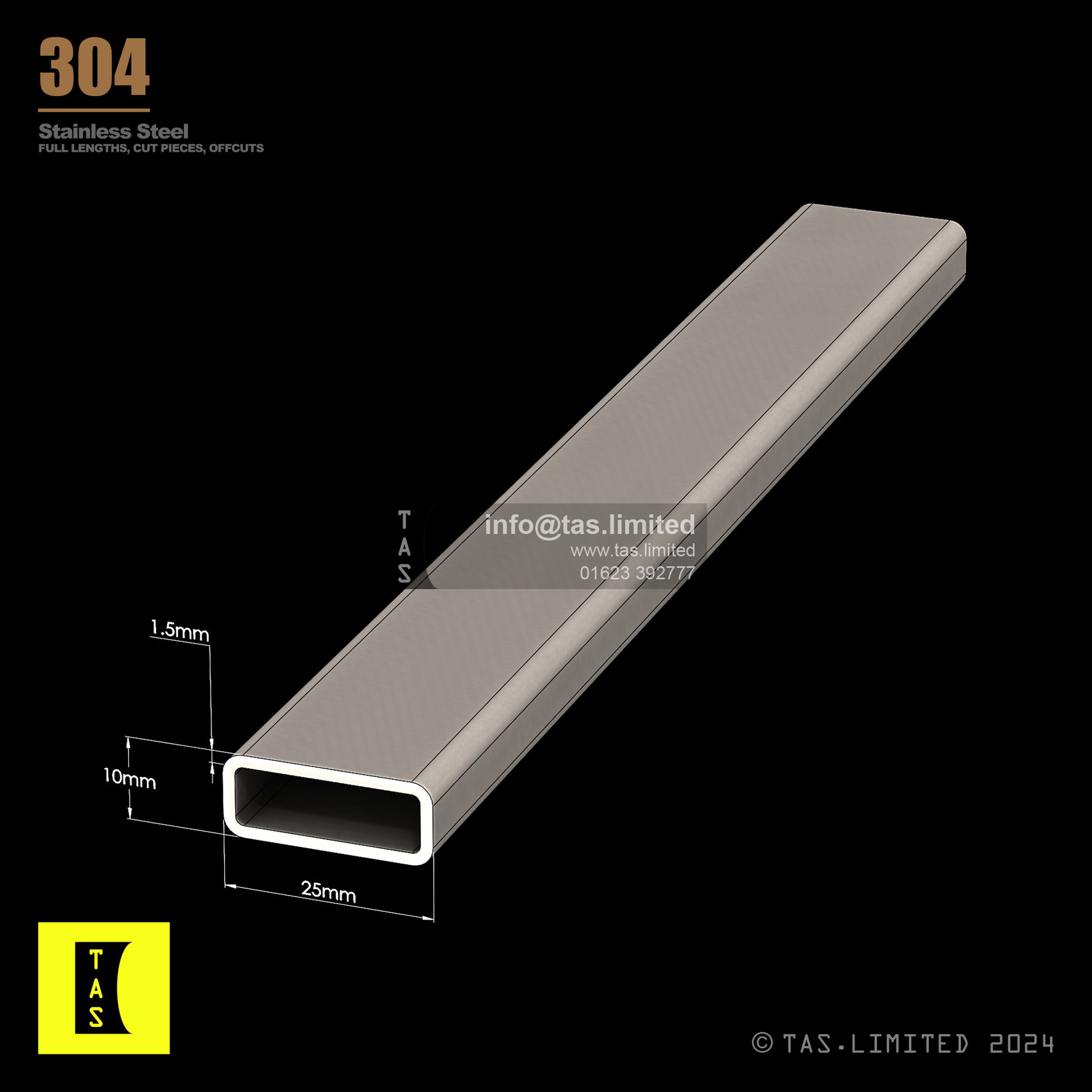 25 X 10 X 1.5 RECTANGULAR BOX SECTION, RHS, 304 STAINLESS STEEL, DULL POLISHED 