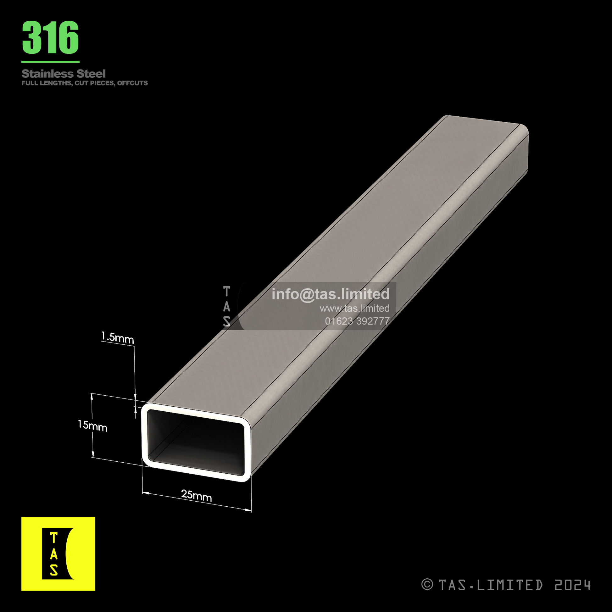 25 X 15 X 1.5 RECTANGULAR BOX SECTION, RHS, 316 STAINLESS STEEL, DULL POLISHED