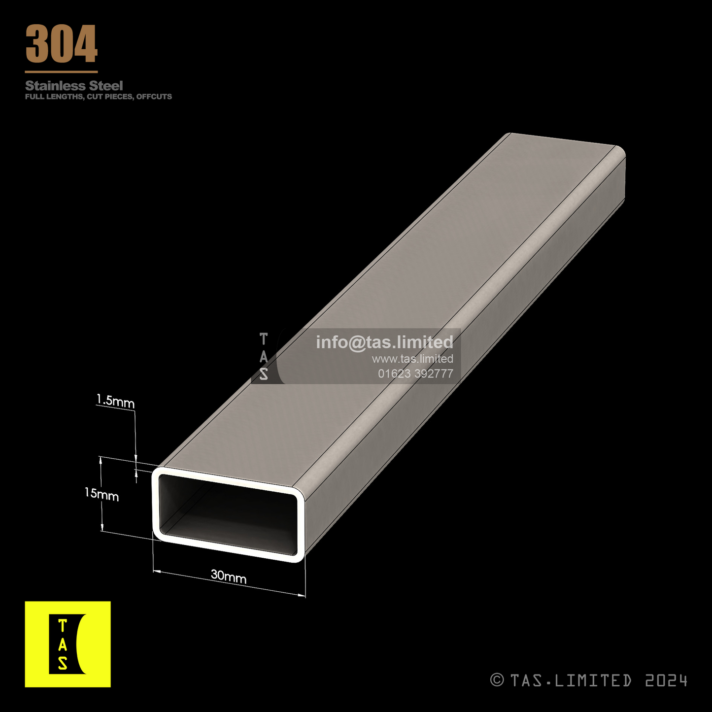 30 X 15 X 1.5 RECTANGULAR BOX SECTION, RHS, 304 STAINLESS STEEL, DULL POLISHED (1.4301 / 1.4307)