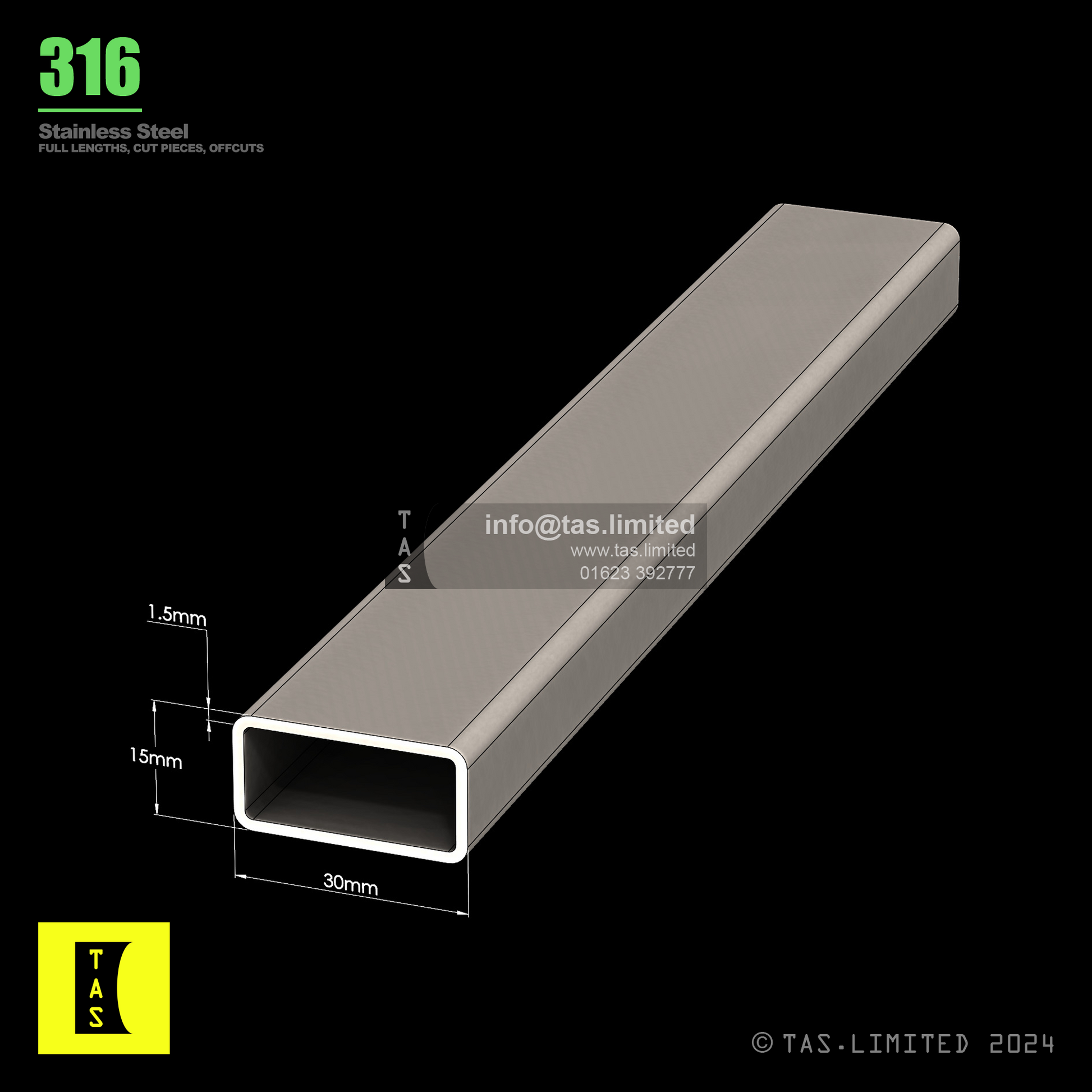 30 X 15 X 1.5 RECTANGULAR BOX SECTION, RHS, 316 STAINLESS STEEL, DULL POLISHED (1.4401 / 1.4404)