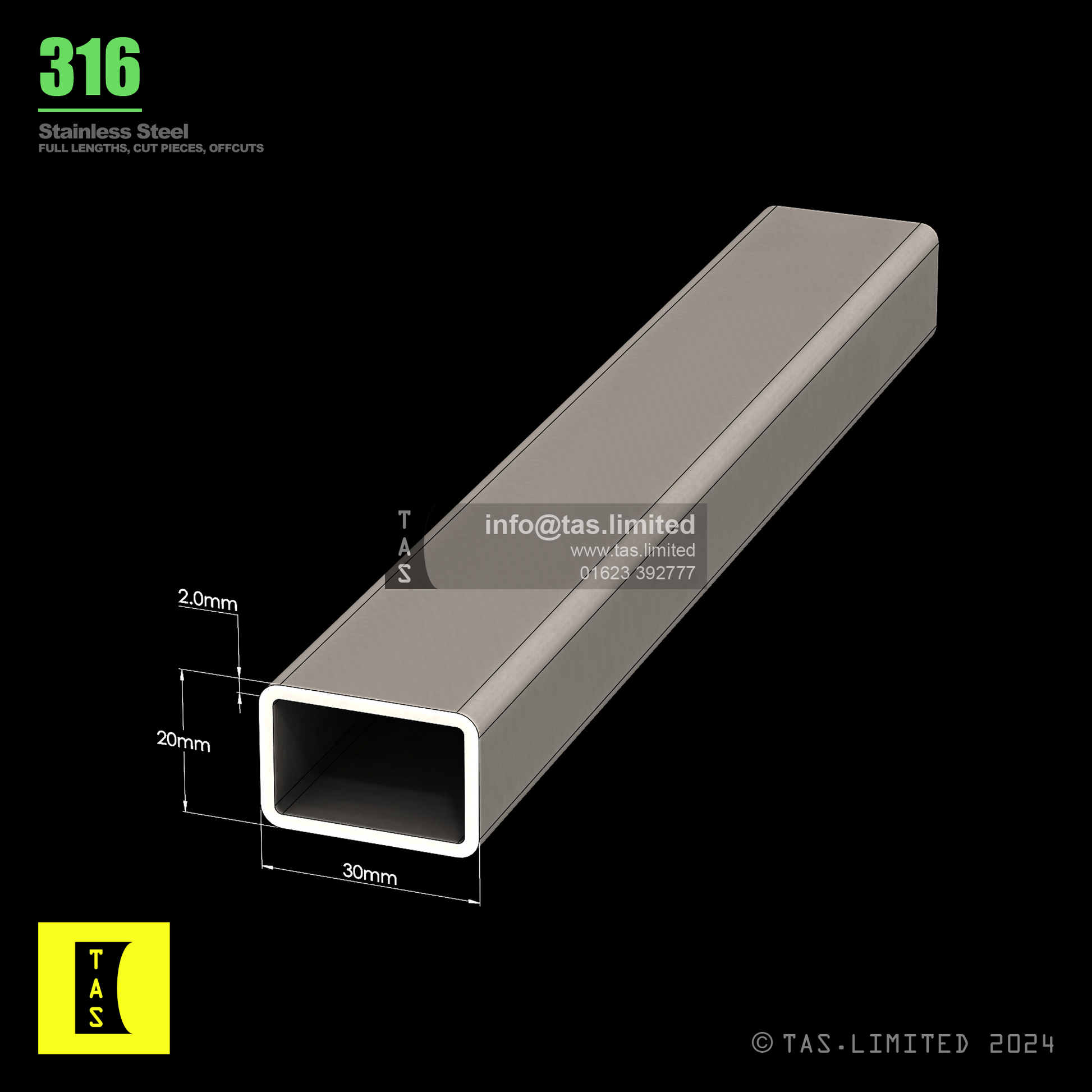 30 X 20 X 2 RECTANGULAR BOX SECTION, RHS, 316 STAINLESS STEEL, DULL POLISHED (1.4401 / 1.4404)